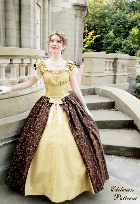 lady wearing a gold 1860s ballgown